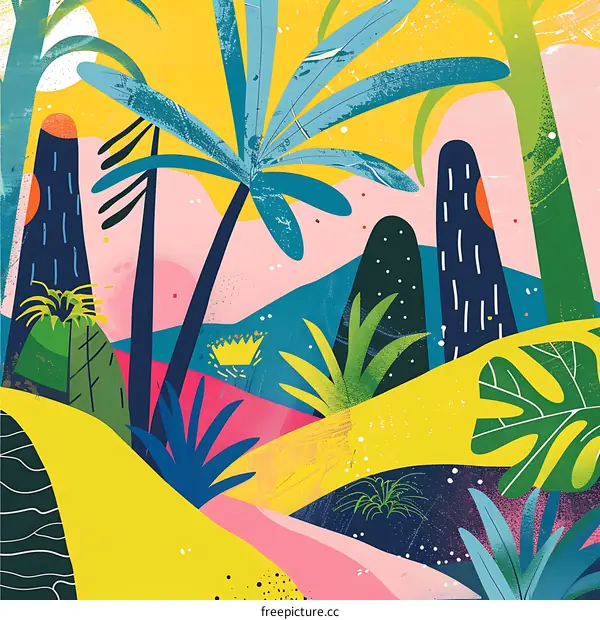 Colorful Abstract Tropical Illustration with Palm Tree and Plants