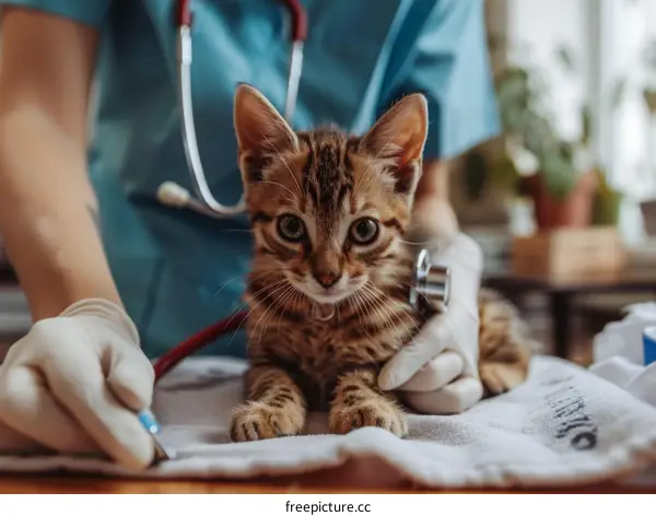 A veterinarian is examining a cat with a stethoscope