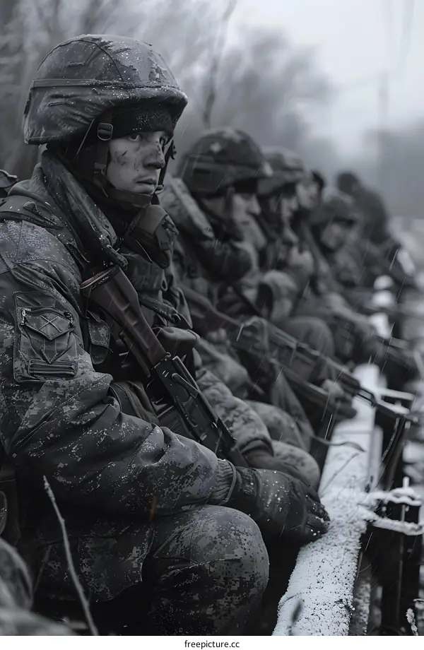 Soldiers in Camouflage Uniforms Waiting in the Snow