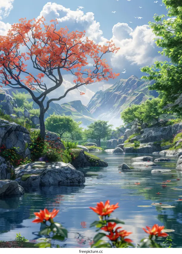 Enchanted Valley: Red Tree and Flowing River