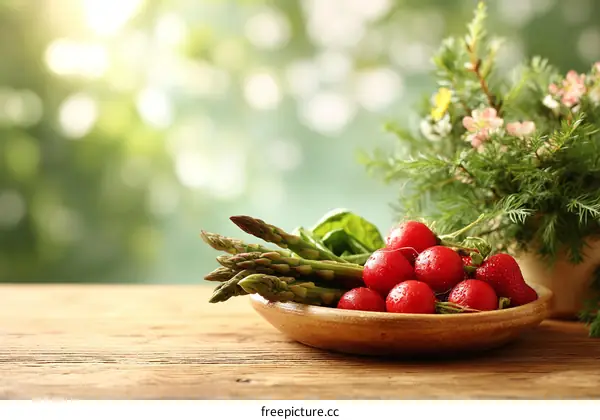 Fresh Spring Vegetables Displayed on Wooden Table