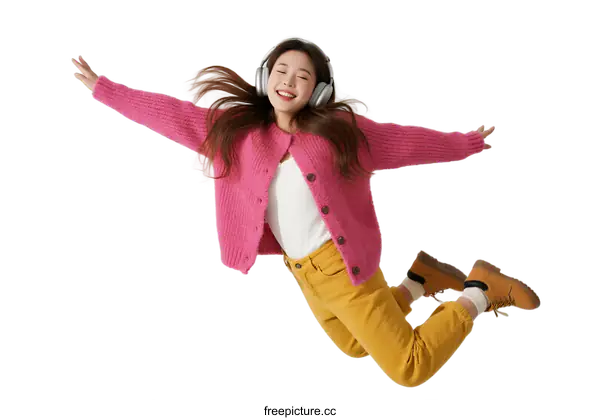 [Transparent Background PNG]Happy young woman jumping with arms spread wide wearing headphones
