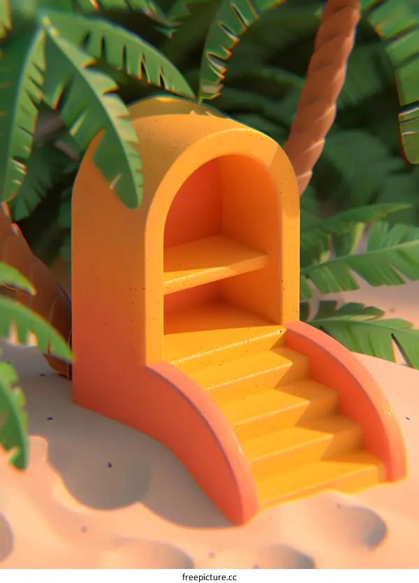 3D Rendered Yellow and Pink Tropical Hut with Steps and Palm Tree