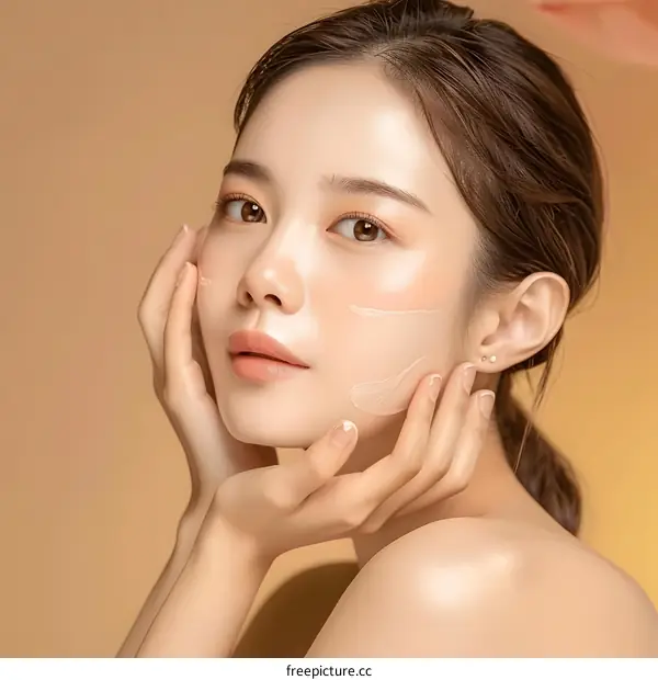 Beautiful Asian Woman Applying Face Cream