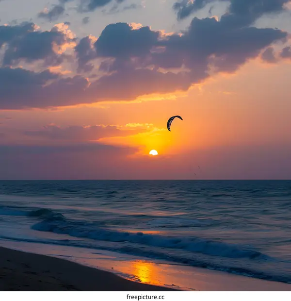 Sunset with a Kite Over the Ocean Beach