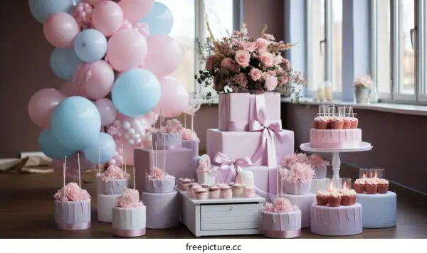 Lavish pink and blue birthday party decorations with cakes, flowers and balloons