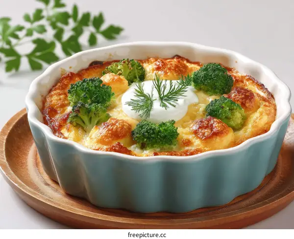 Broccoli and Cheese Baked Egg Dish in Teal Dish