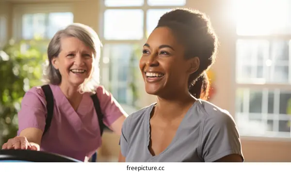 Two women are smiling while using a medical device