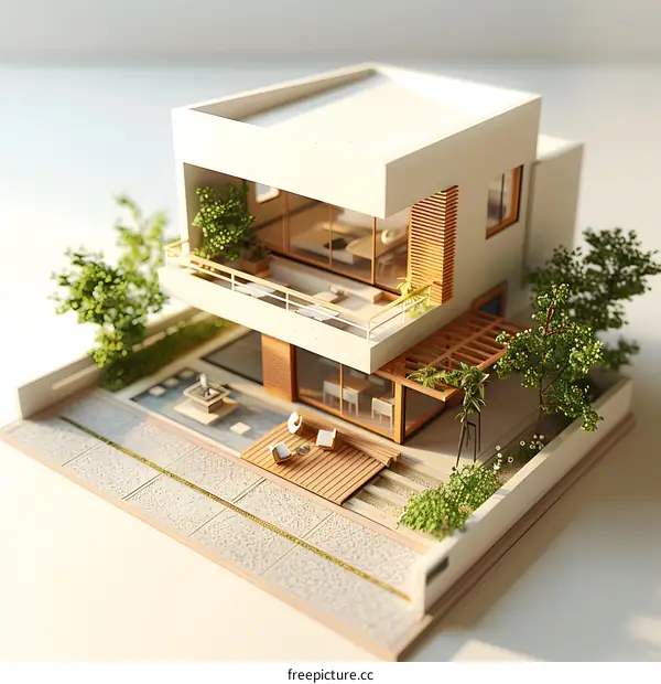 A modern two-story house with a flat roof and a terrace with a garden