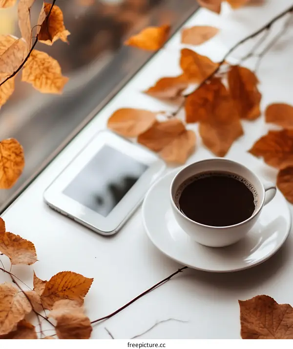 Autumn Leaves Coffee Cup And Phone On White Table