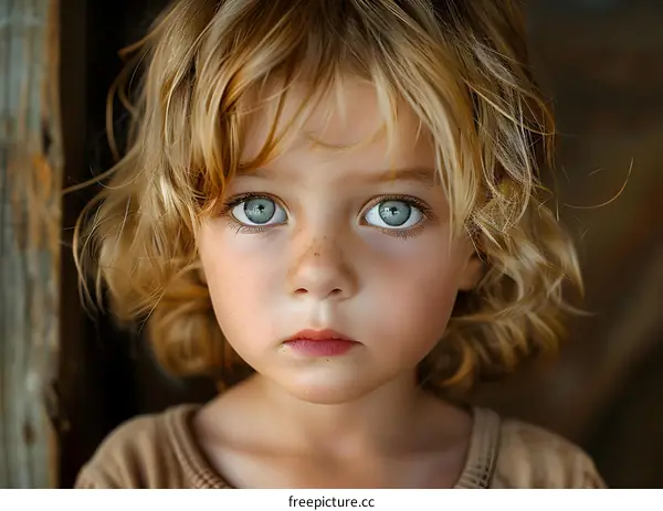 Little Girl With Blonde Curly Hair and Green Eyes
