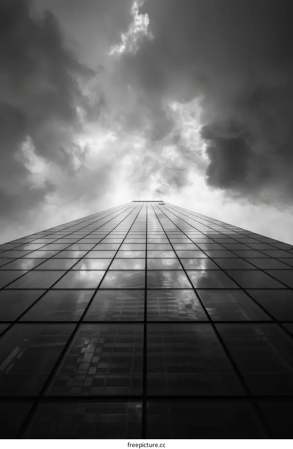 Black and white photograph of a modern high-rise office building exterior with glass facade reflecting the sky