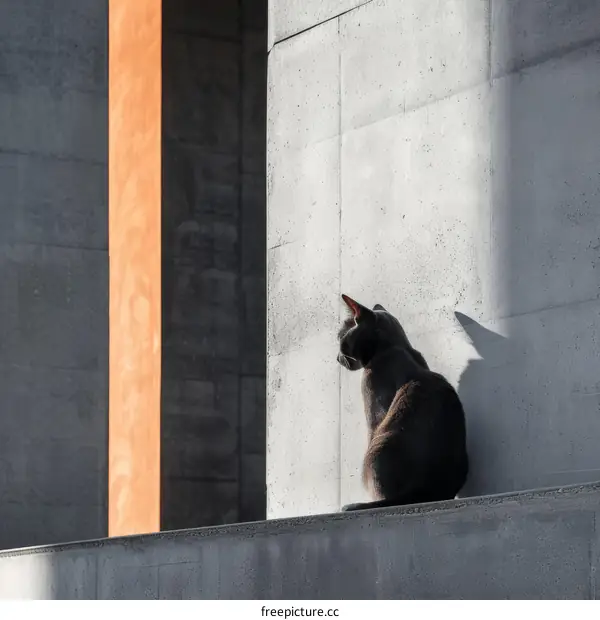 A gray cat sits on a ledge in front of a concrete wall