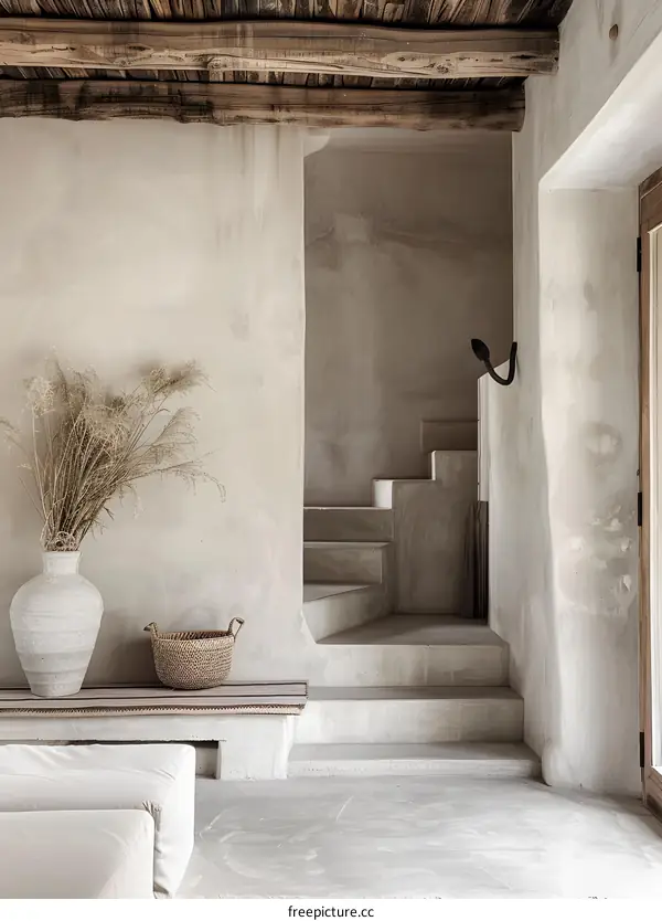 Minimalist Interior Design with Concrete Stairs and Wooden Beams