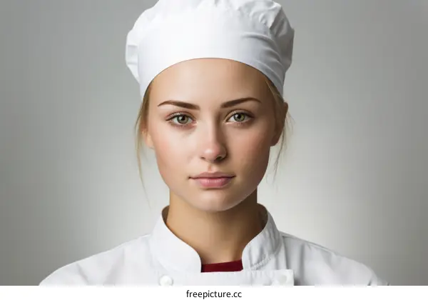 Portrait of a young female chef wearing a white toque and chef's coat