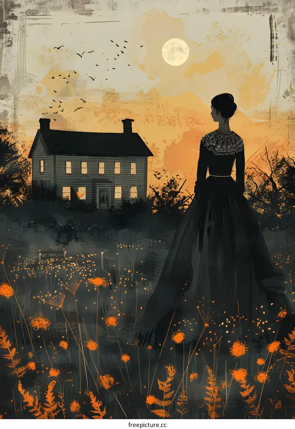 Lady in black dress standing in a field of flowers looking at a house in the distance