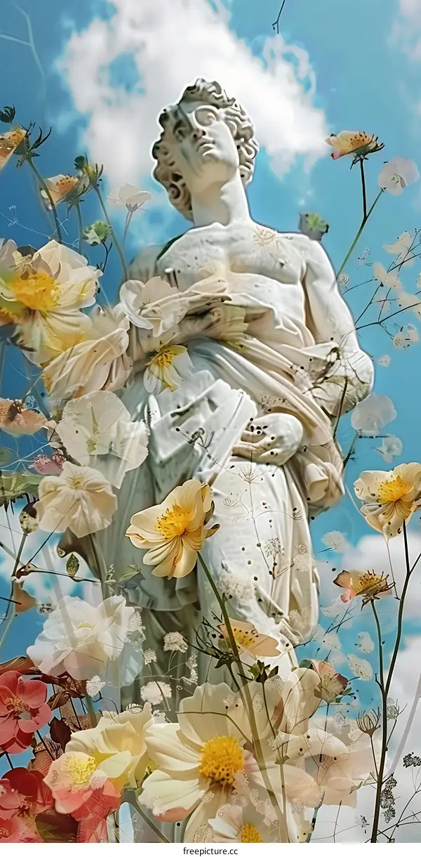 Statue of a Man Surrounded by Flowers