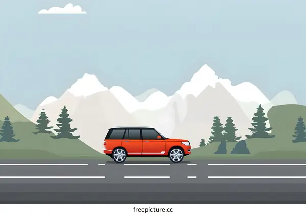 Red SUV driving on asphalt road with mountain background