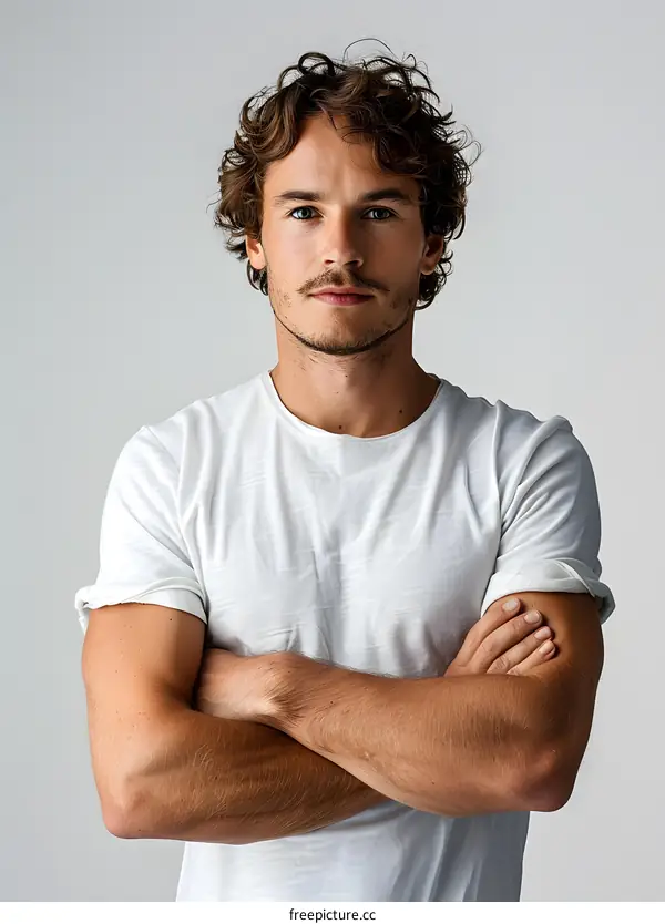 Portrait of a young man with curly hair and a beard