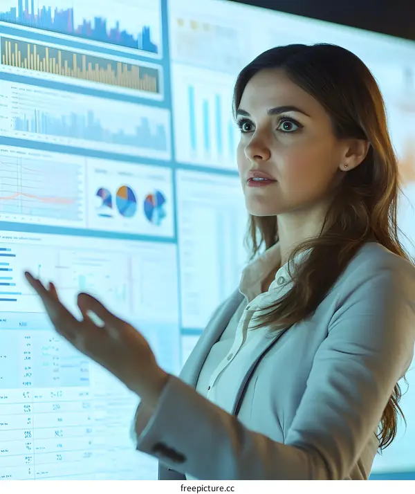 Businesswoman Presenting Data Analysis on Large Screen