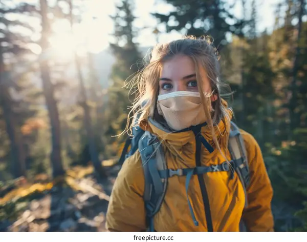 Young woman hiking in the mountains wearing a face mask