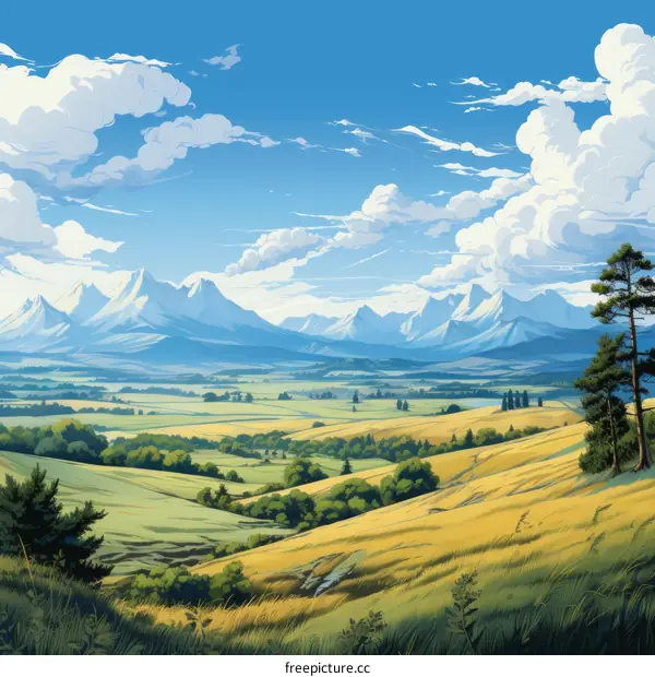 Tranquil Farmland with Towering Mountains in the Distance