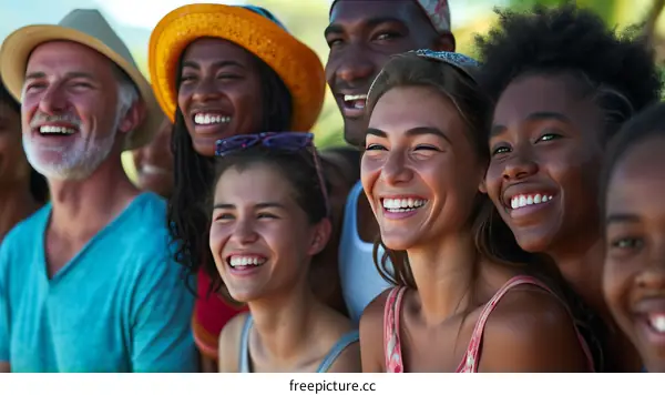 A group of diverse people are smiling and laughing together.