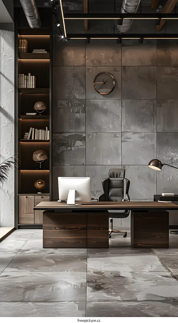 Modern office interior design with bookshelves and a large desk