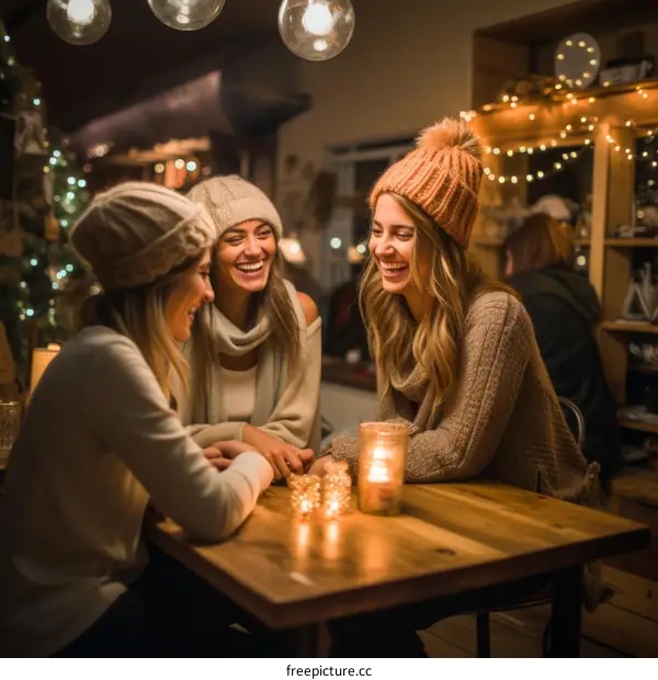 Three young women friends laughing and talking in a cozy cafe
