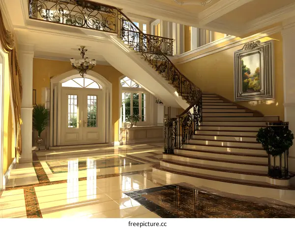 Luxury Interior Design With Staircase and Chandelier