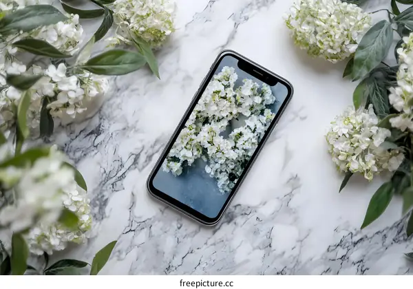White Flowers on Smartphone Screen on Marble Background