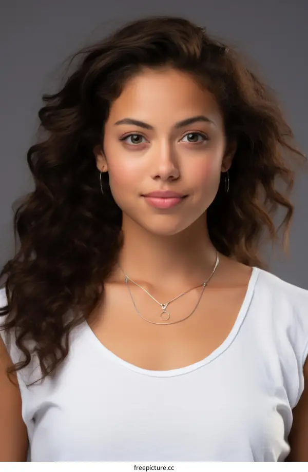 Portrait of a young woman with long brown hair and brown eyes wearing a white shirt