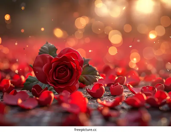 Single red rose on the ground with petals