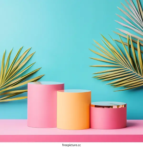 Summer Minimalist Product Display with Palm Leaves and Cylindrical Platforms