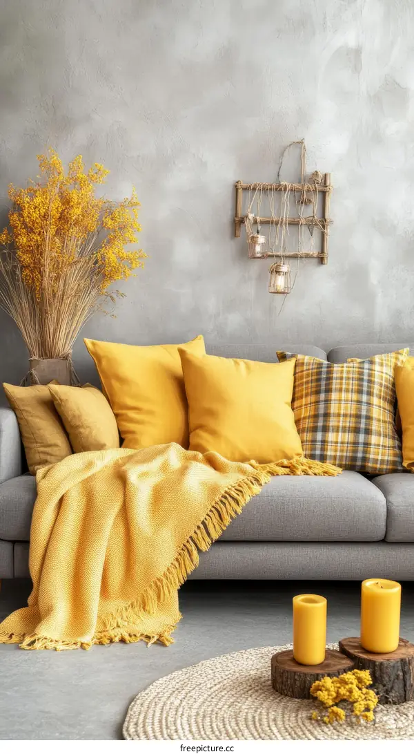 Stylish Gray Sofa with Yellow Accents