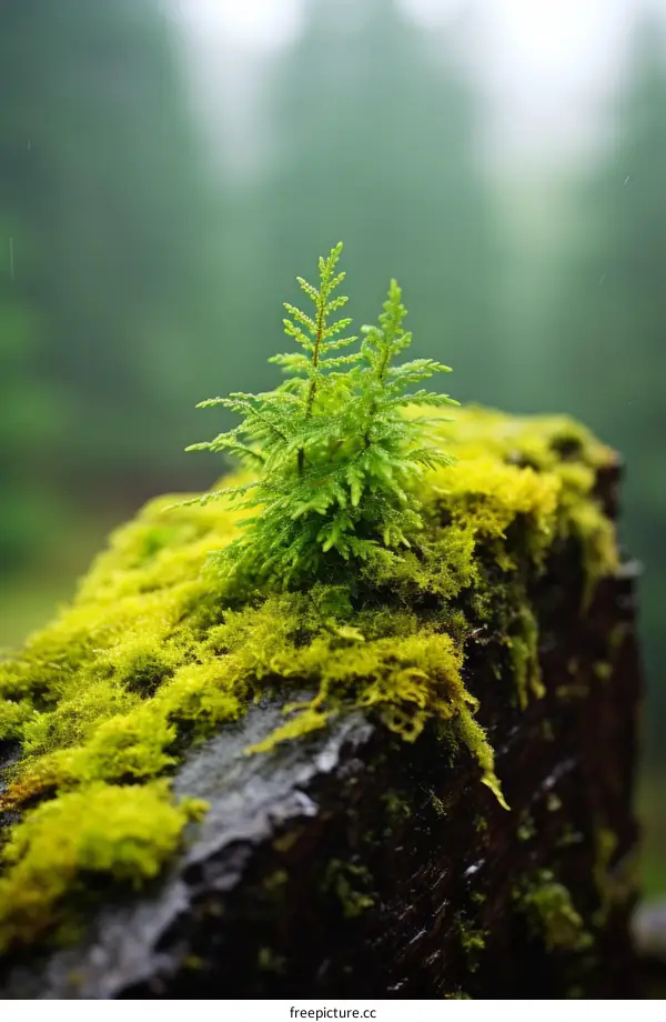 Tiny green plants growing on a mossy rock in the rain