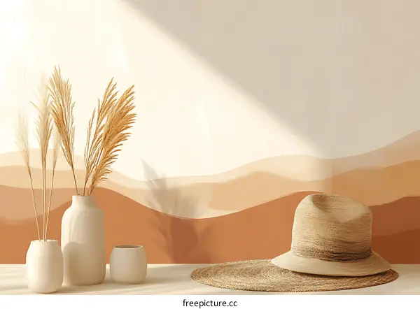 Minimalist Home Decor with Straw Hat, Dried Pampas Grass and Earthy Tones
