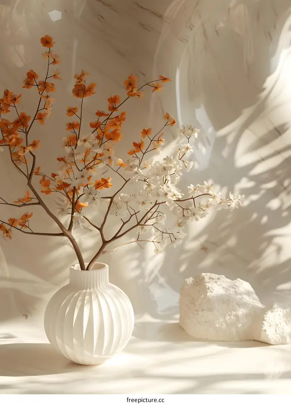 A white vase with orange and white flowers