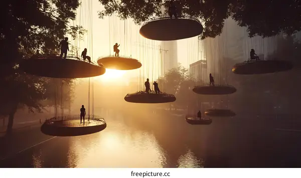 Suspended Platforms Over Water In City With Silhouettes Of People At Sunset