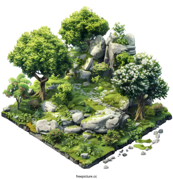 [Transparent Background PNG]isometric view of a fantasy landscape with trees, rocks, and flowers