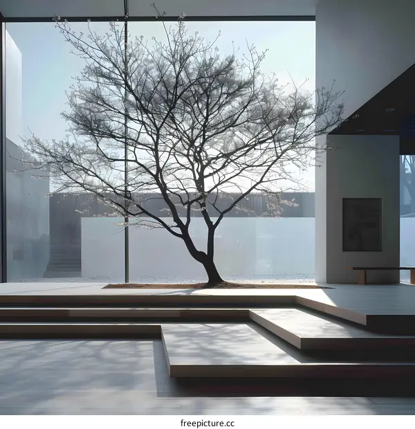 Minimalist Design Interior With A Large Window And A Tree Outside