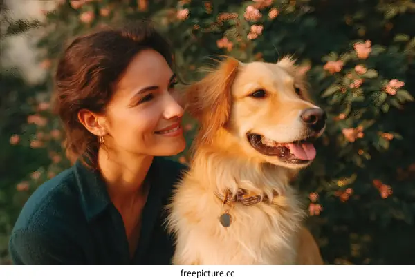 Woman and Golden Retriever in the Garden