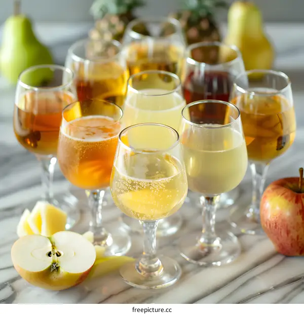 Variety of Apple Cider in Wine Glasses on Marble Tabletop