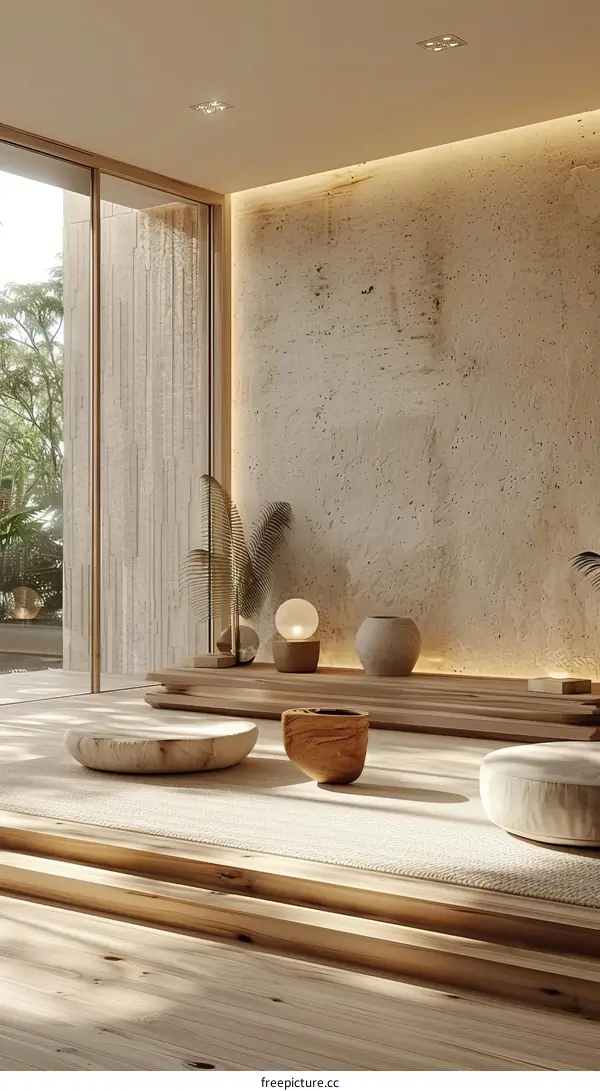A serene space featuring natural materials and soft lighting