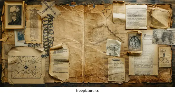 A collection of old and vintage paper documents with handwriting and drawings