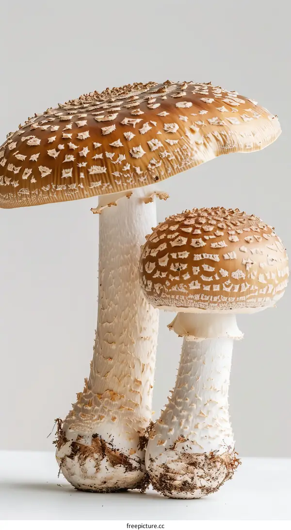 Two brown amanita mushrooms with white spots on a white background