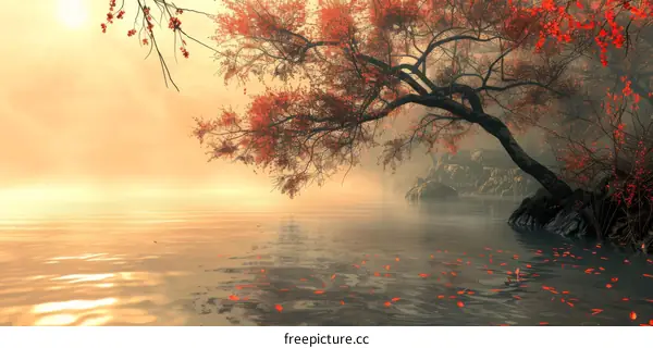 Peaceful Lake and Tree in Autumn Foliage