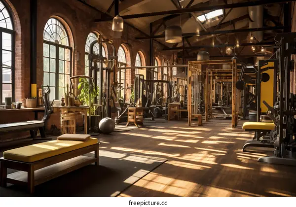 Retro styled gym interior with brick walls and large windows