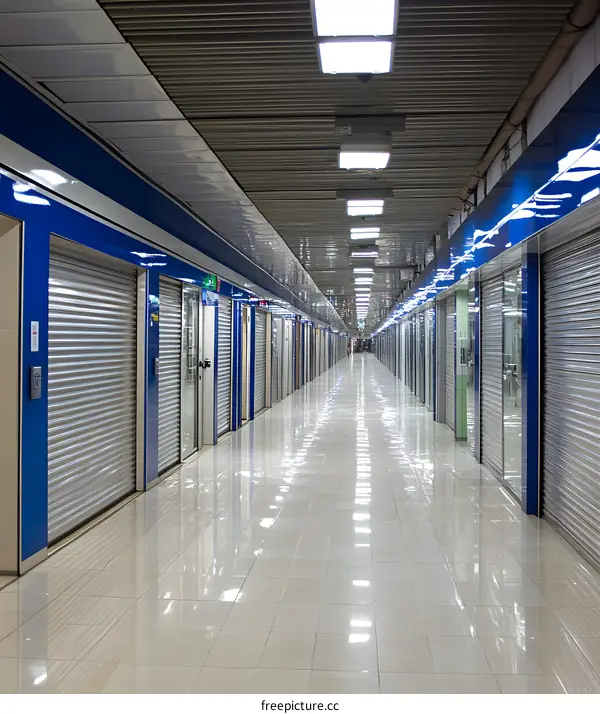 Empty Hallway With Closed Stores in an Indoor Market