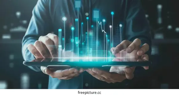 Businessman using a tablet with augmented reality graphs and charts.